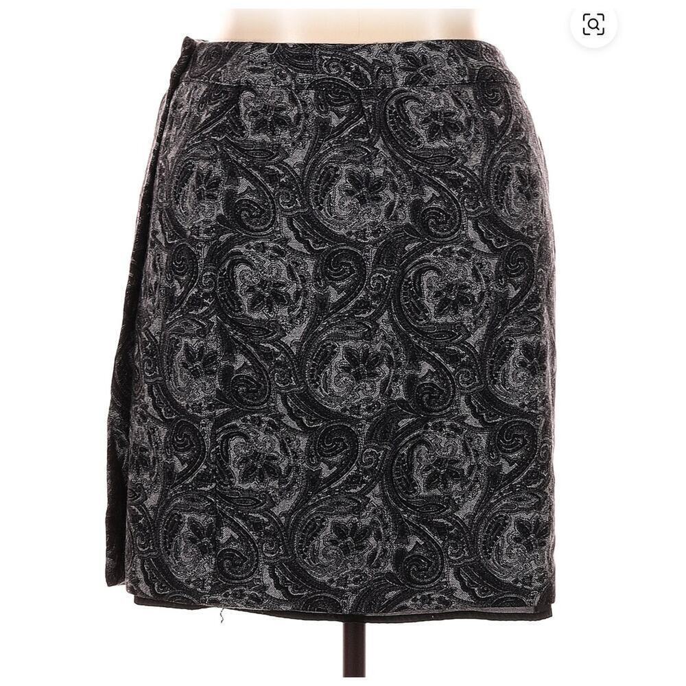 Talbots Wool Blend Floral Wrap Mini Skirt 12P Black Gray Jacquard - Picture 3 of 13